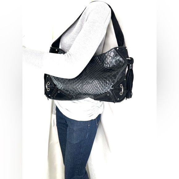 Jessica Simpson Black PVC East West Medium Shoulder Bag Leather Trim Tassels - Picture 2 of 10